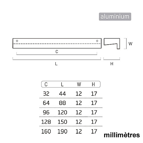 6 Un. poignées de meuble cuisine et salle de bain profilaluminium anodisé Ext. 150X12MM - - entraxe128MM