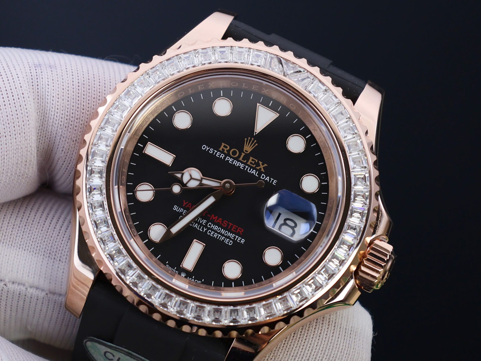 Rolex Yacht-Master RG Plated Black Dial Baguette Diamond 40mm Oysterflex Super Clone