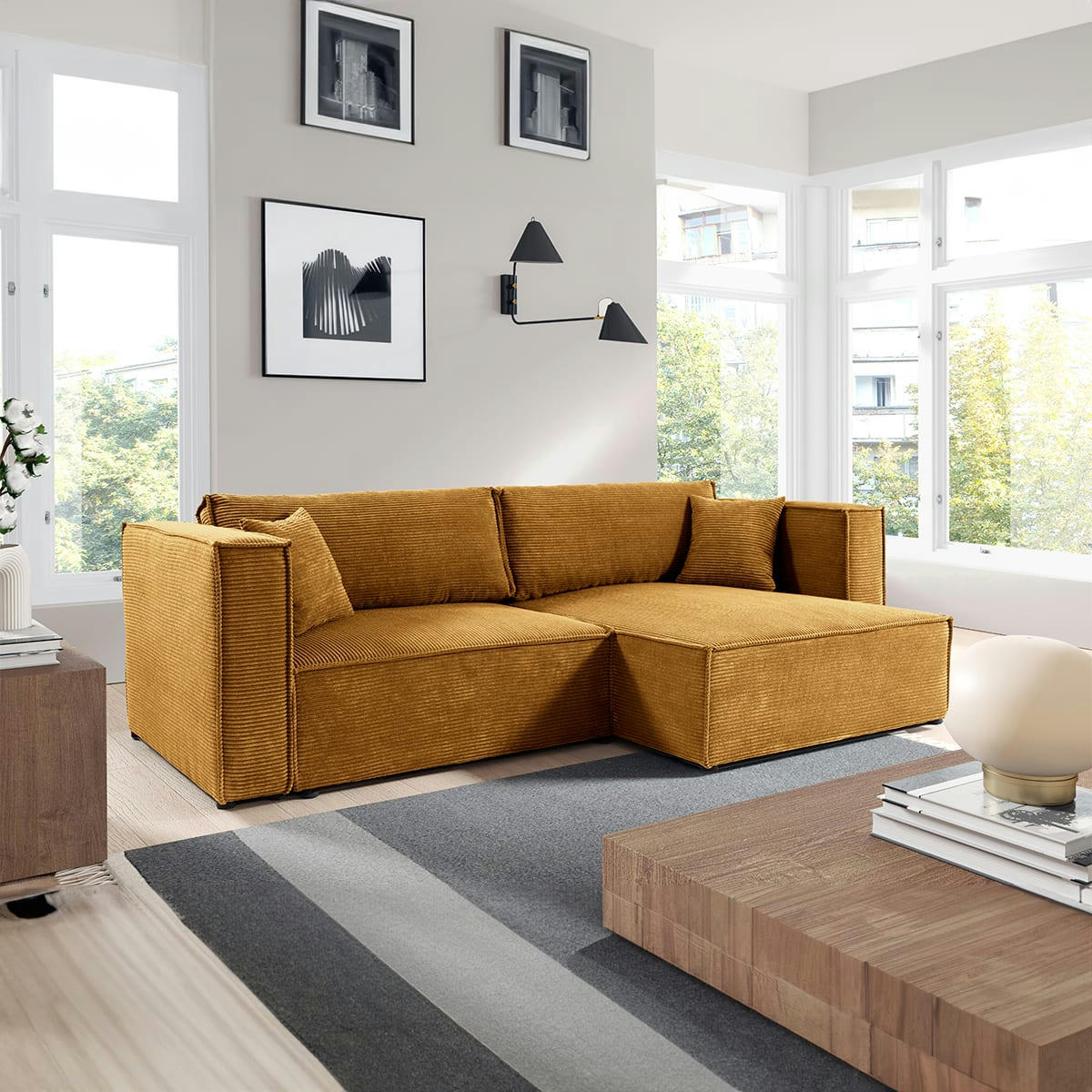 - Canapé d'angle réversible convertible 3 places velours côtelé jaune