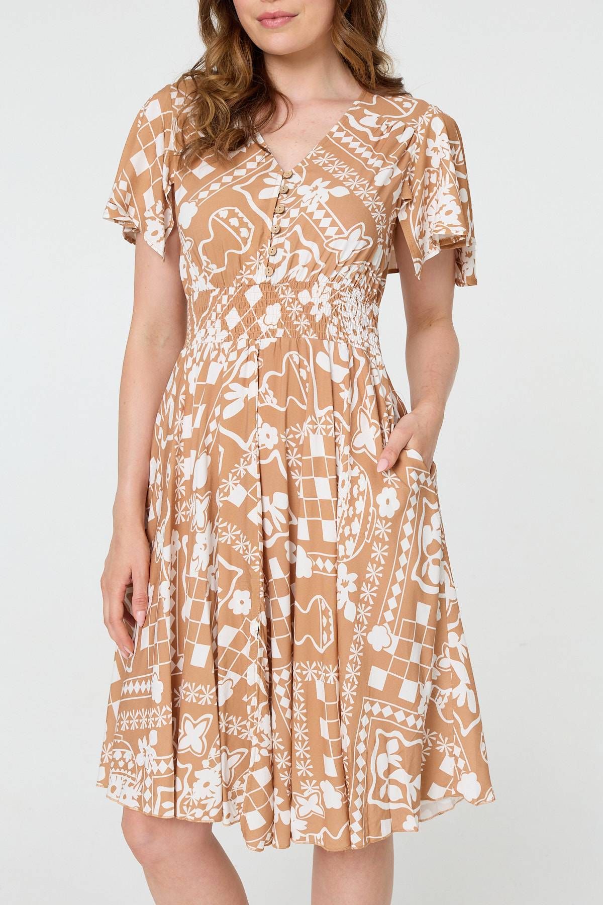 Izabel London Printed Shirred Knee Length Dress