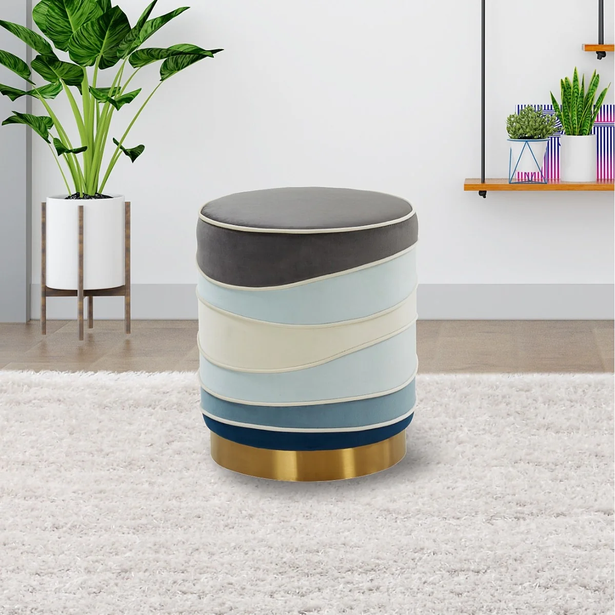 LeisureMod Almon 16 Round Velvet Vanity Ottoman Stool With Gold Base