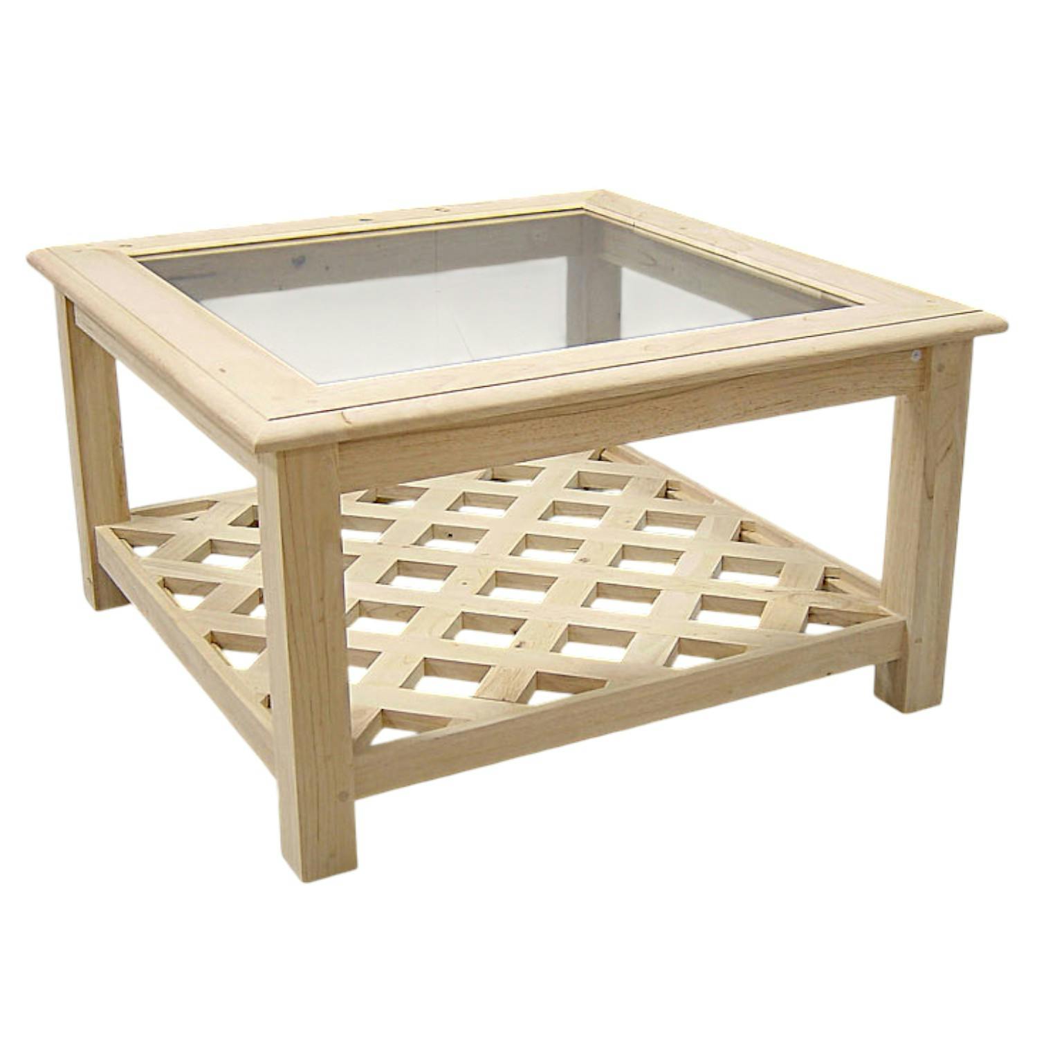 Table basse carrée Hévéa double plateaux - 1 vitré, 1 à croisillons - 80x80x45cm MAORI