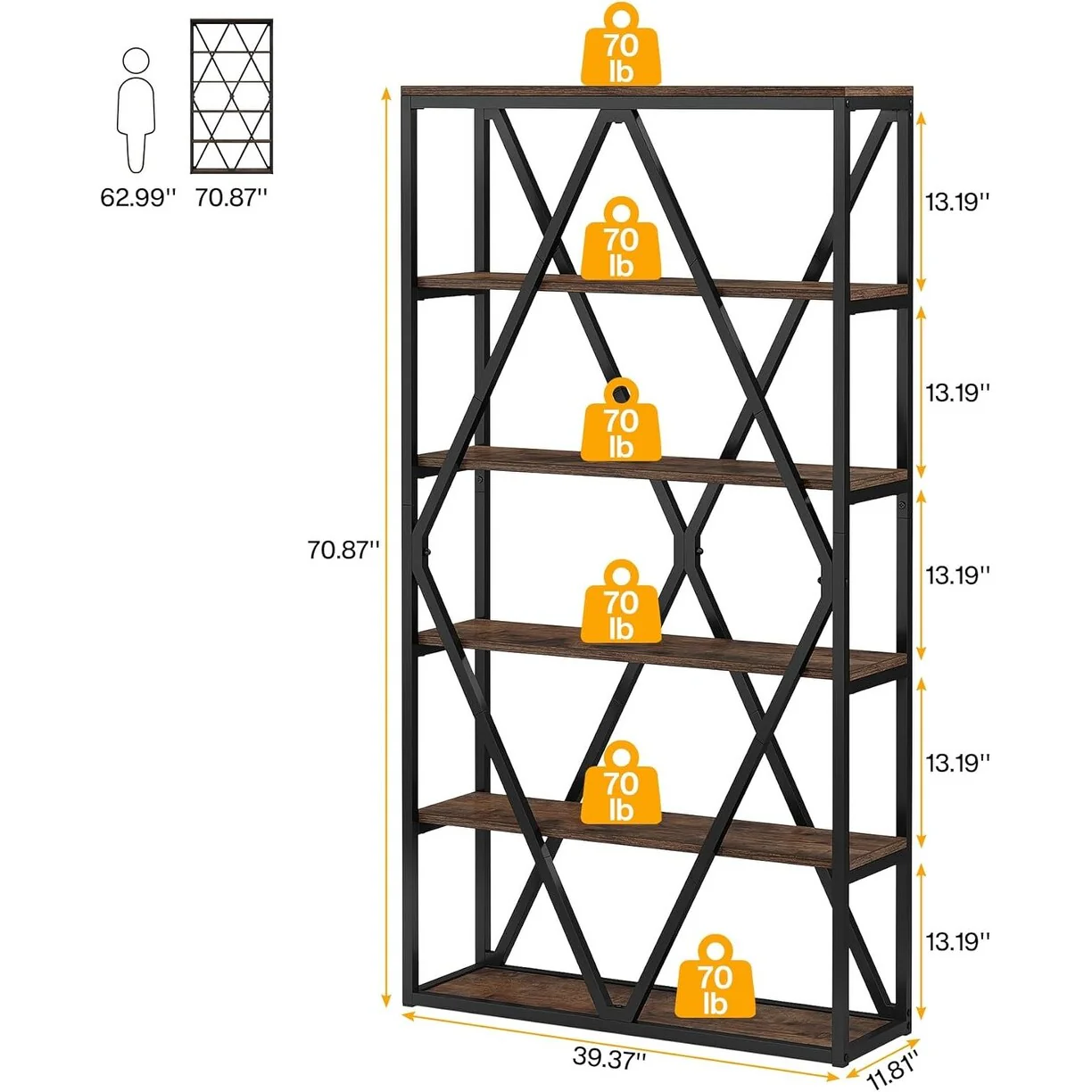 71-inch Tall Bookshelf, 6 Tier Industrial Large Bookcase