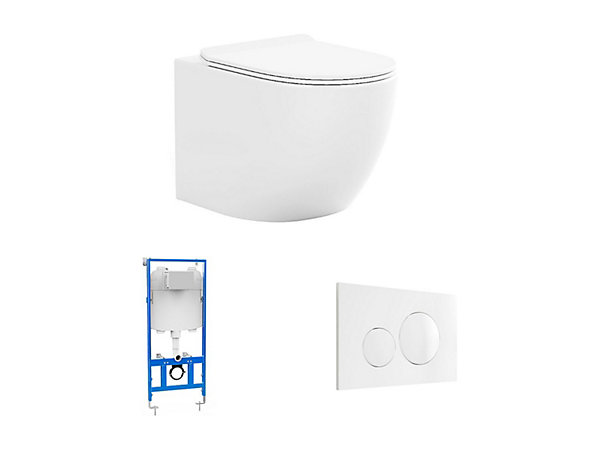 Pack WC suspendu blanc brillant avec bâti-support et plaque de déclenchement - JAVOINE