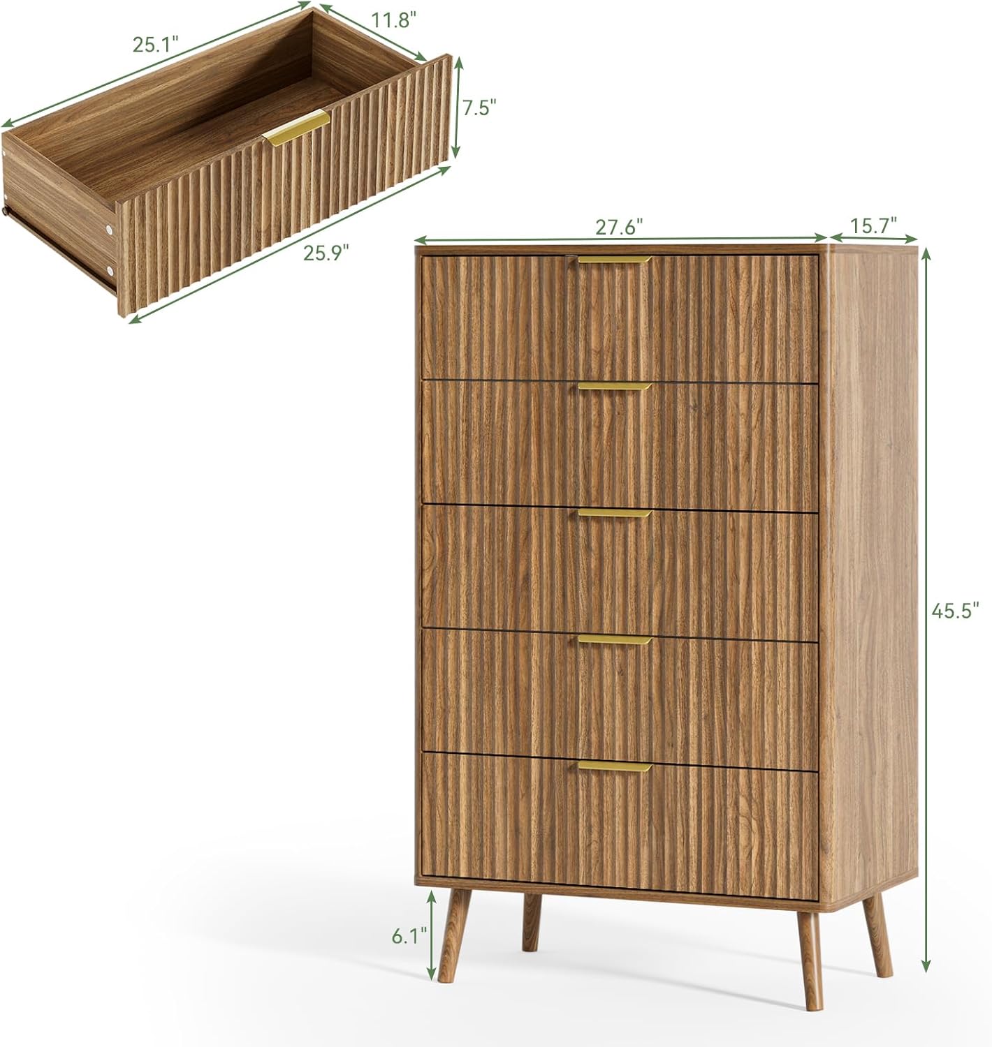 LYNSOM Fluted 5 Drawers Dresser, 45 Tall Modern Chest of Drawers with Curved Profile Design and Metal Handle, Wood Drawer Organizer for Bedroom, Living Room, Hallway, Entryway, Walnut