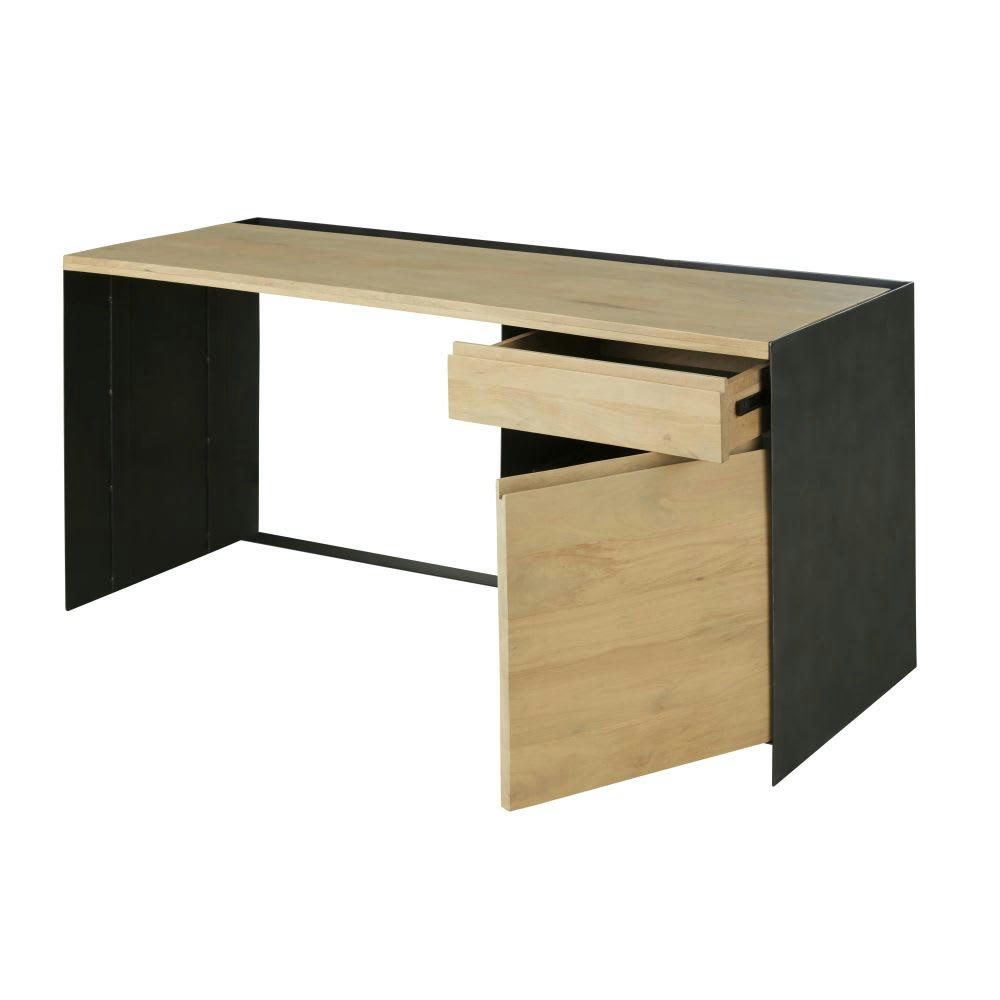 CINCINNATI - Bureau 1 tiroir 1 porte en métal et bois de manguier