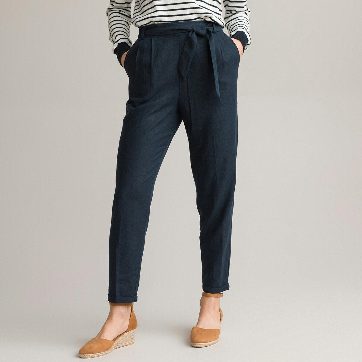 Pantalon jogpant, ceinturé, lin mélangé