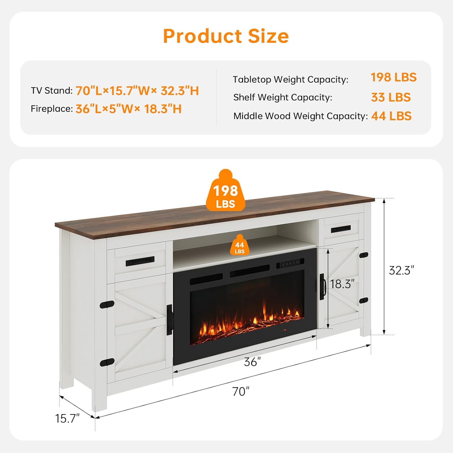Fireplace TV Stand, 70 Farmhouse TV Stand with Barn Door for 80 TVs, Entertainment Center with Black Fireplace & Storage, White