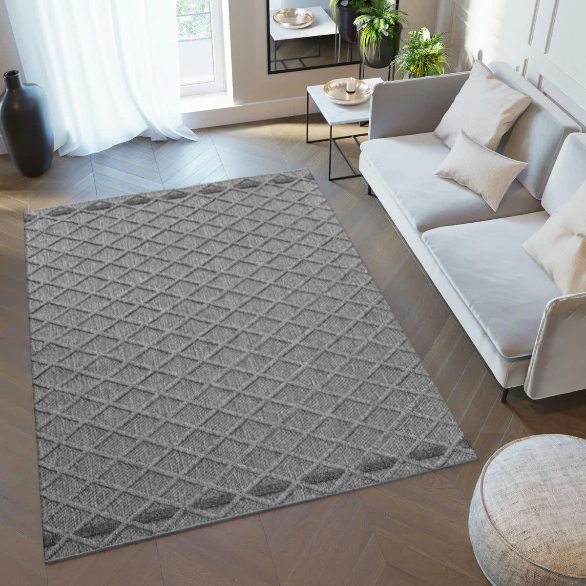 JUDE - Tapis effet jute naturel à relief stries gris 120x170cm