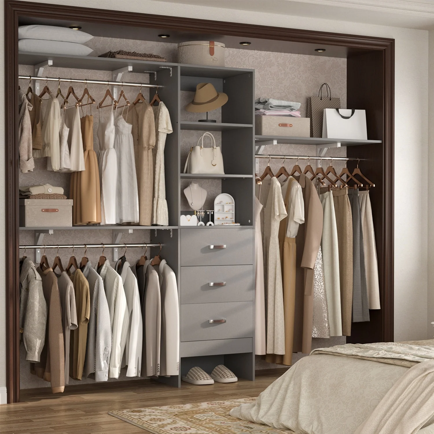 Rackcog 120'' Closet Organizer with Drawers, Closet System with DIY Shelves for Reach-in and Walk-in Closet