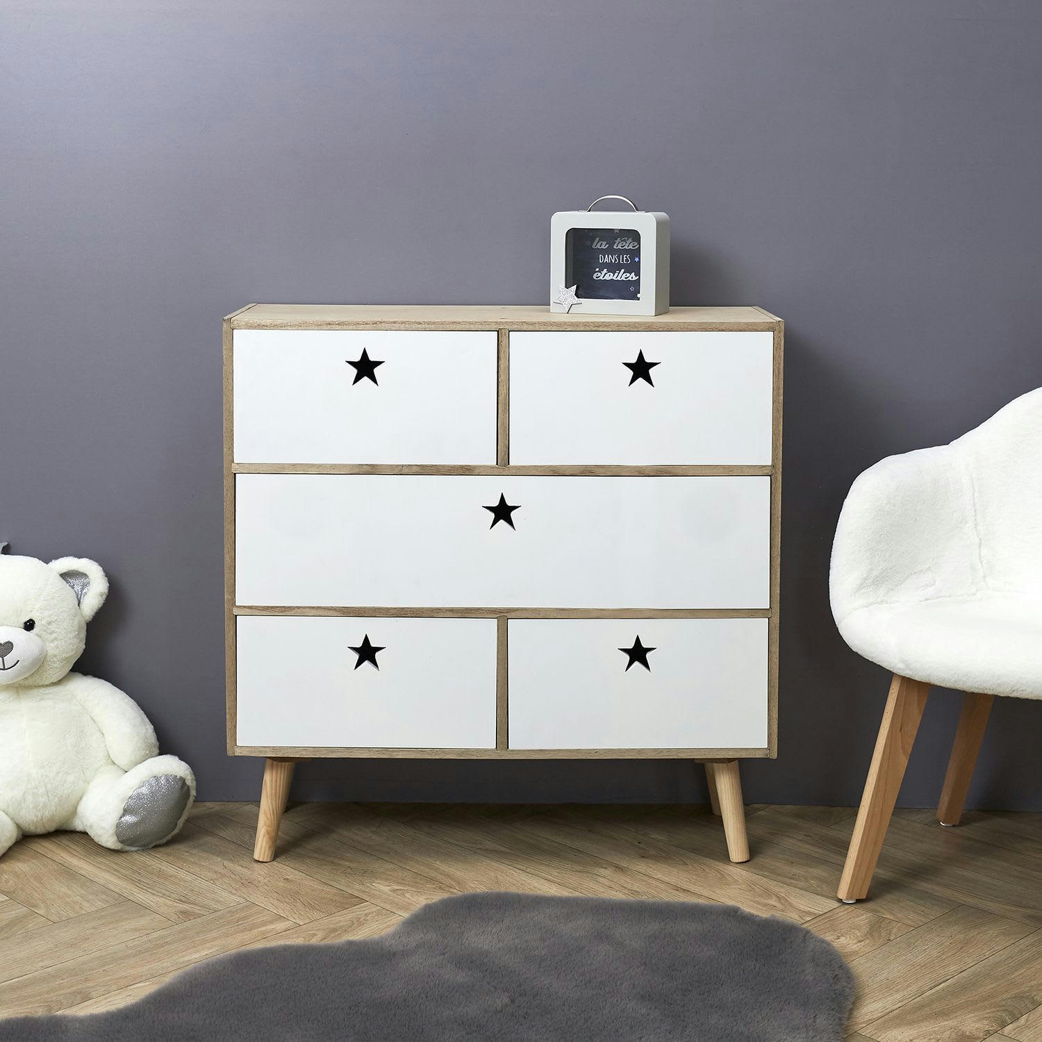 LIKE A STAR - Commode 5 tiroirs en mdf et bois de pin blanc