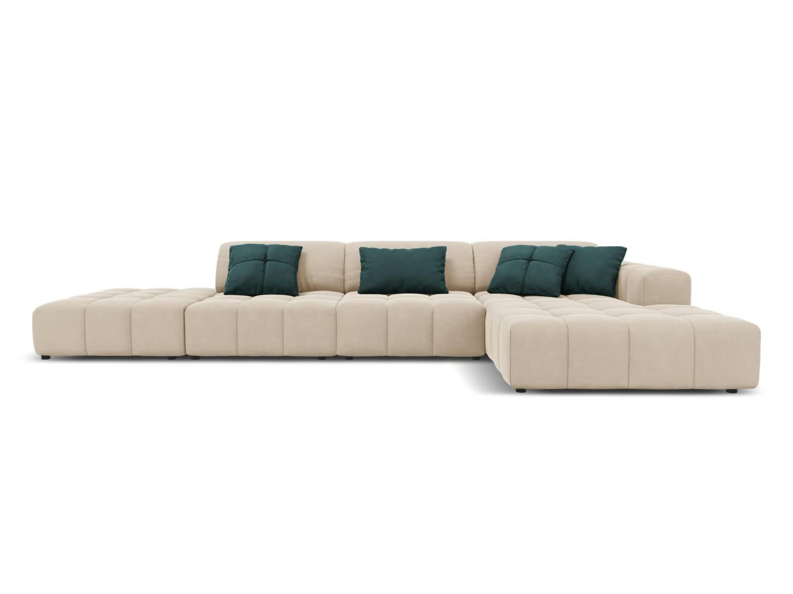 LUC - Canapé d'angle droit 5 places en tissu velours beige clair