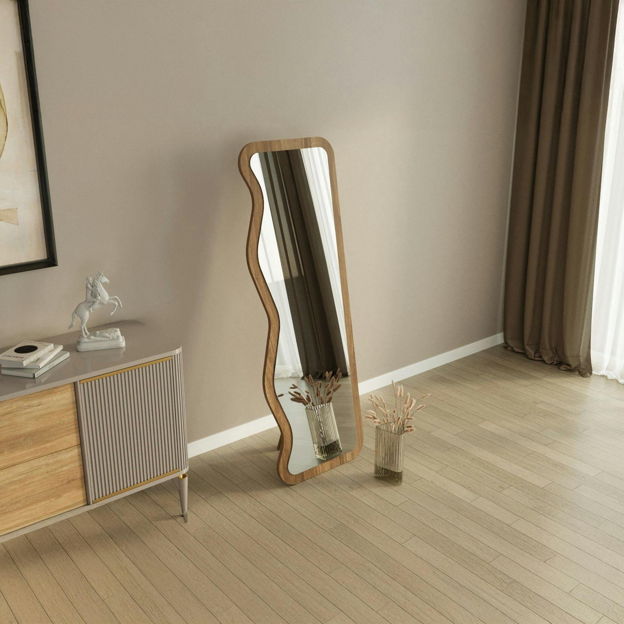 Miroir plein pied moderne 160 cm - ondulations effet noyer CODY