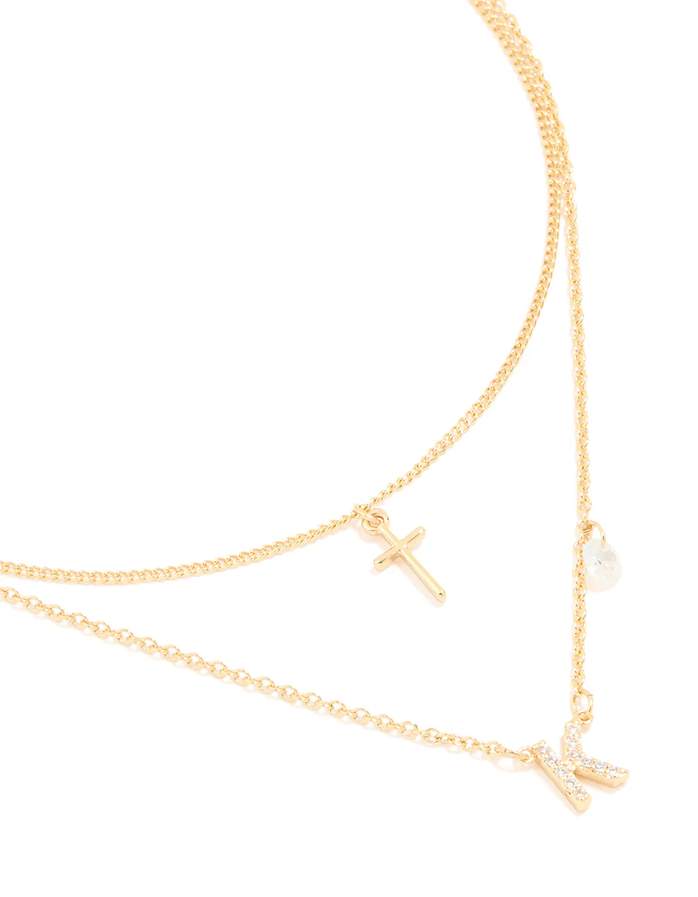 Gold Plated Cubic Zirconia Cross Letter K Layered Necklace
