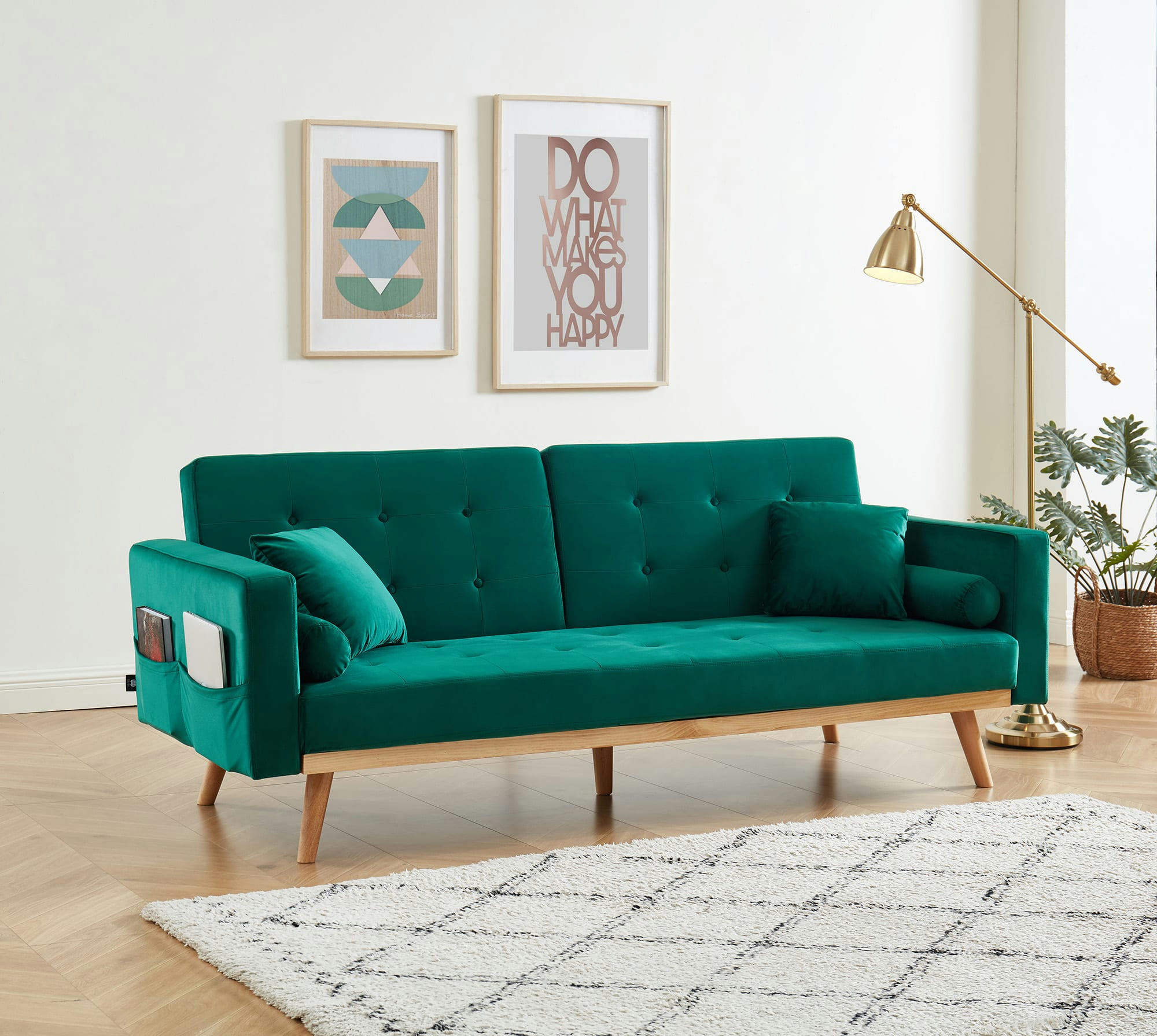 KELLY - Canapé droit convertible en velours 3 places vert