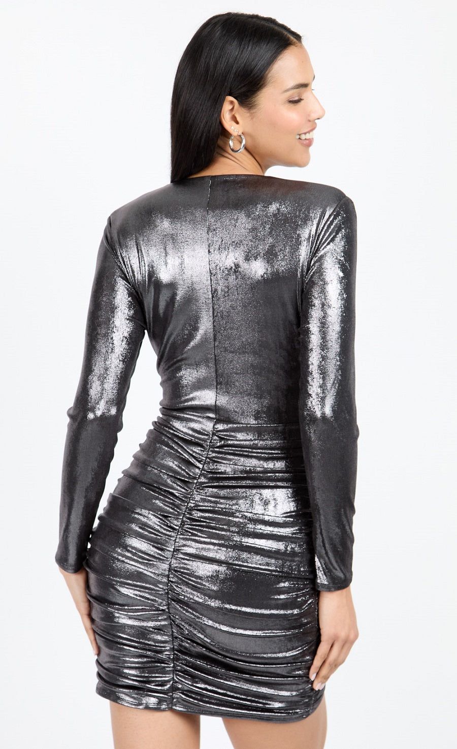 Little Mistress Gunmetal Grey Foil Draped Plunge Mini Dress