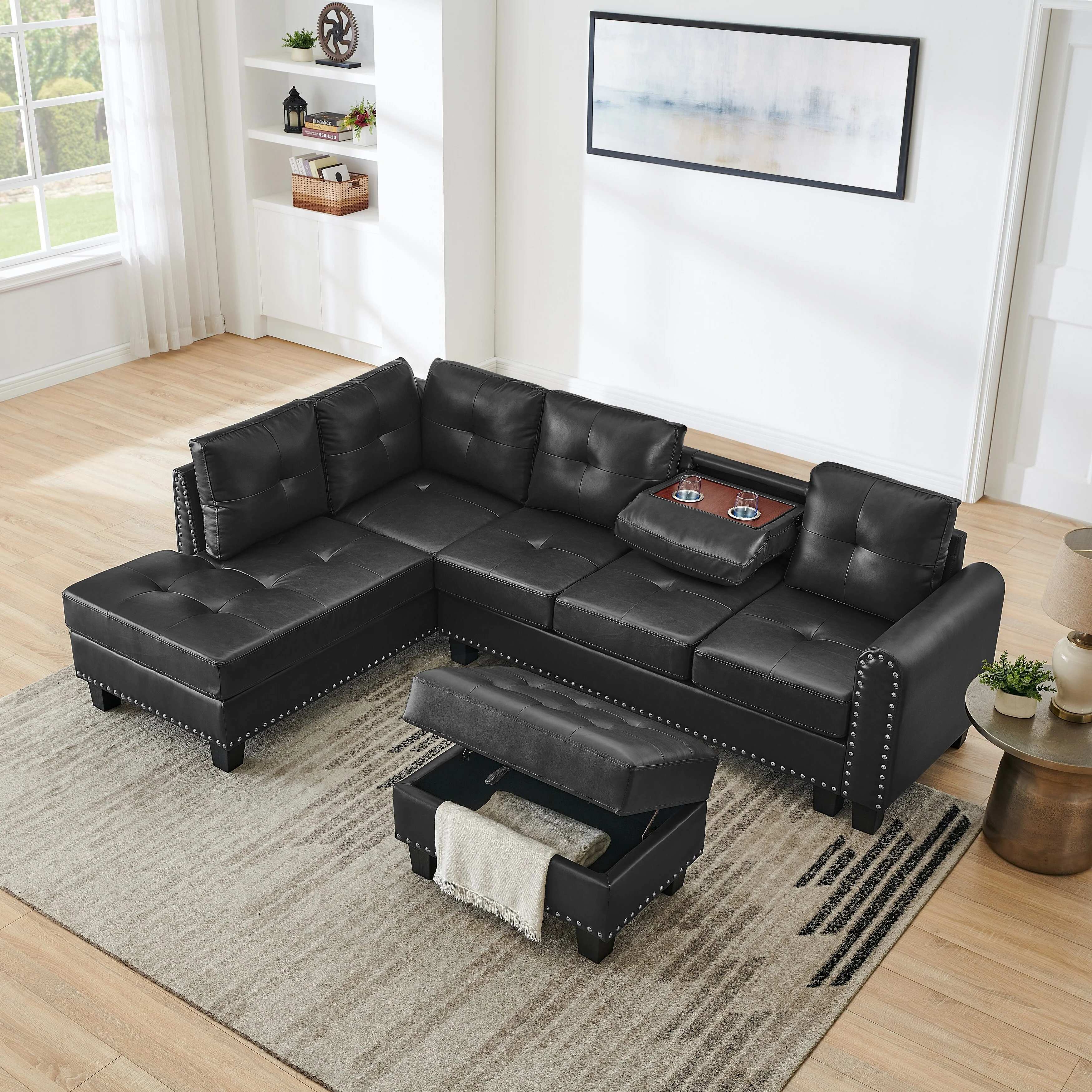 99.25'' PU Leather 6-Seater Sectional Sofa with Reversible Recliner, Storage Ottoman, and Wood Grain Cup Holder for Modern Style