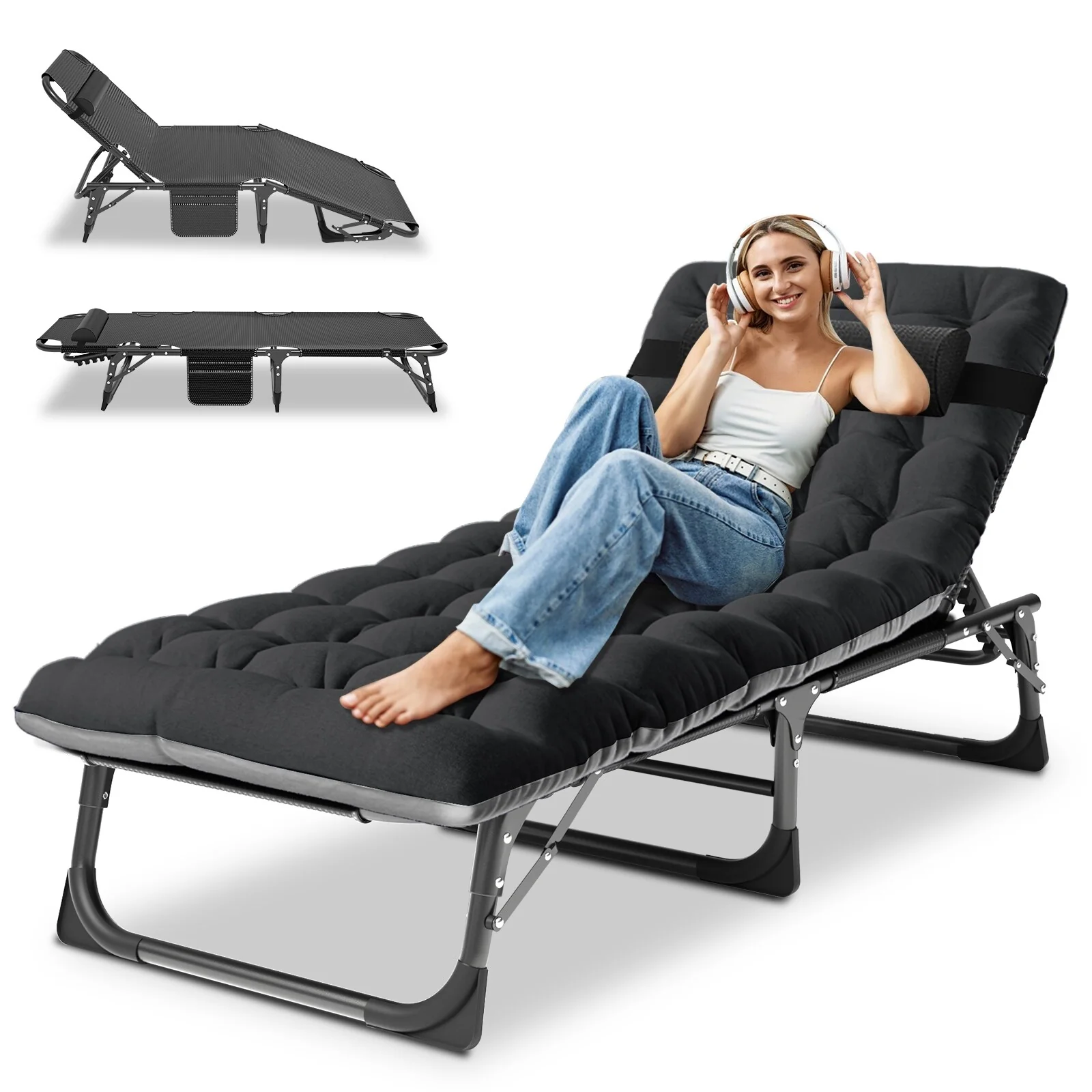 DoCred Camping Cot, Adjustable Reclining Folding Patio Chair Lounge - 75.2x26.8x11.8