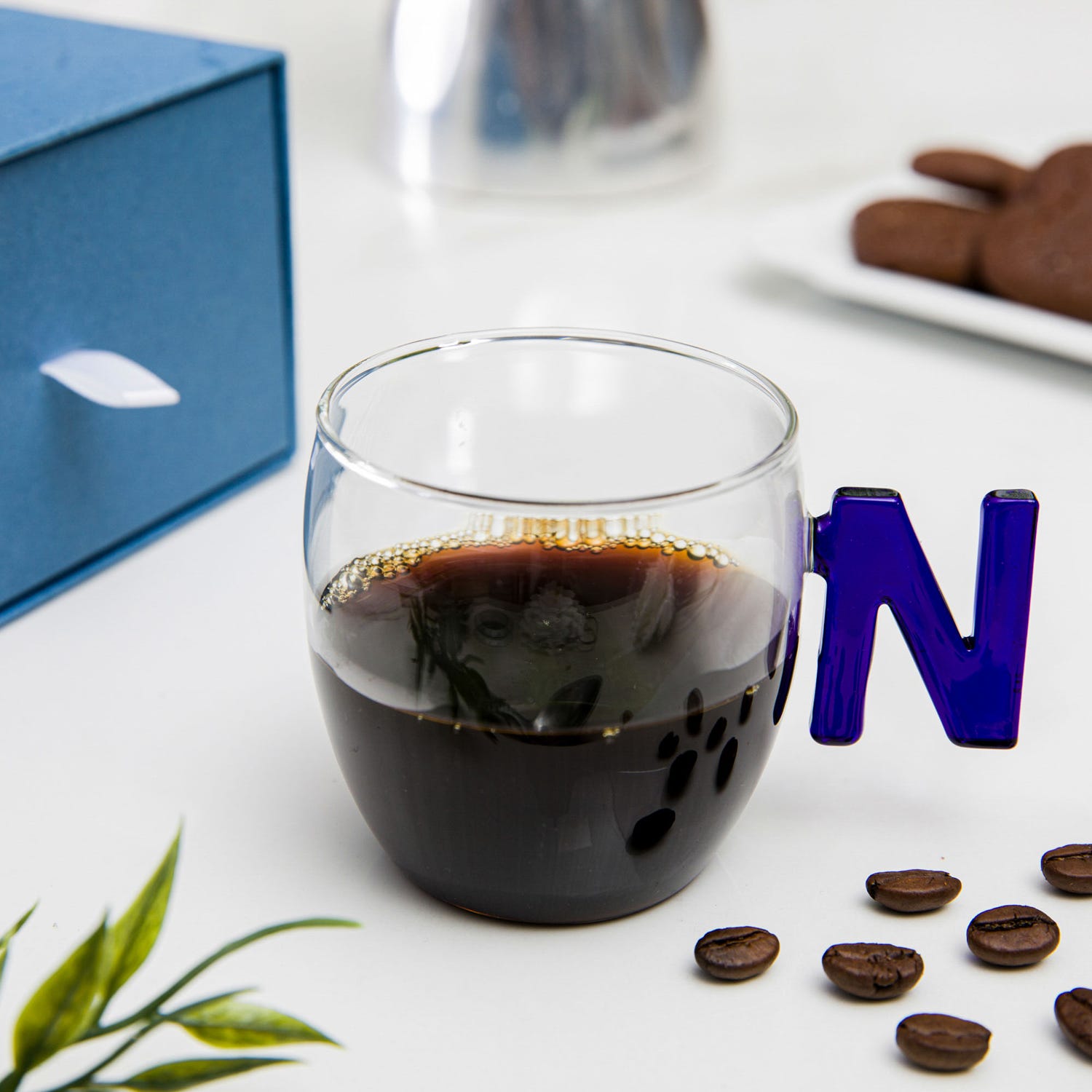 Tazzina caffè lettera N blu in vetro borosilicato, 150 ml