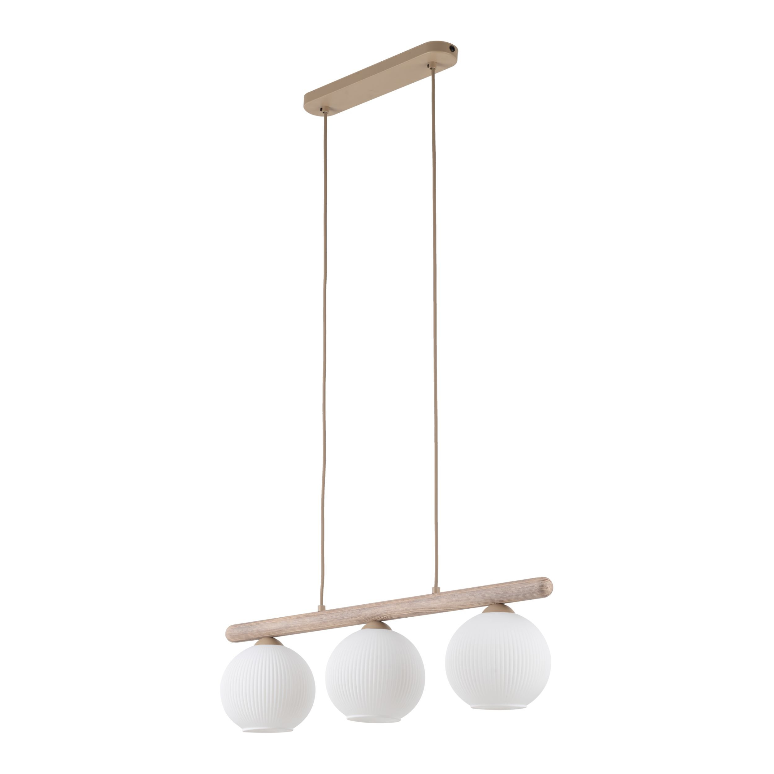 Lampa Wisząca Tk Lighting Virlo Białe Ryflowane Klosze Na Drewnianej Belce
