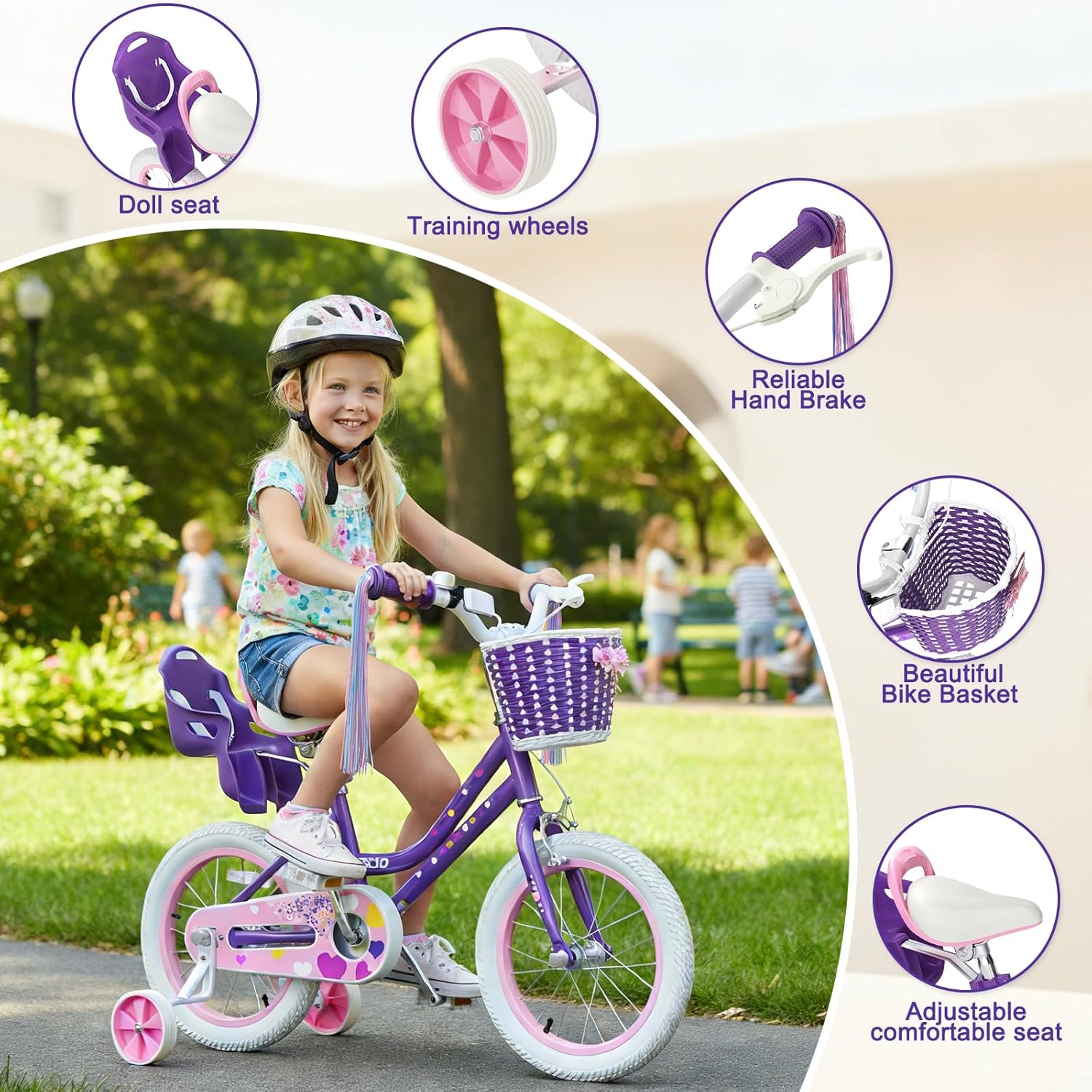 XJD Girls Bike for Toddlers 3-9 Years Old Kids, 12 14 16 Inch Kids Bike with Training Wheels, Streamers, Basket and Doll Seat
