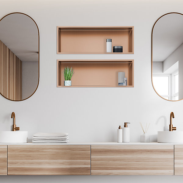 Balneo Niche murale de douche 60x20x10cm, étagère encastrable douche acier inox, finition cuivre, WALL-BOX ONE