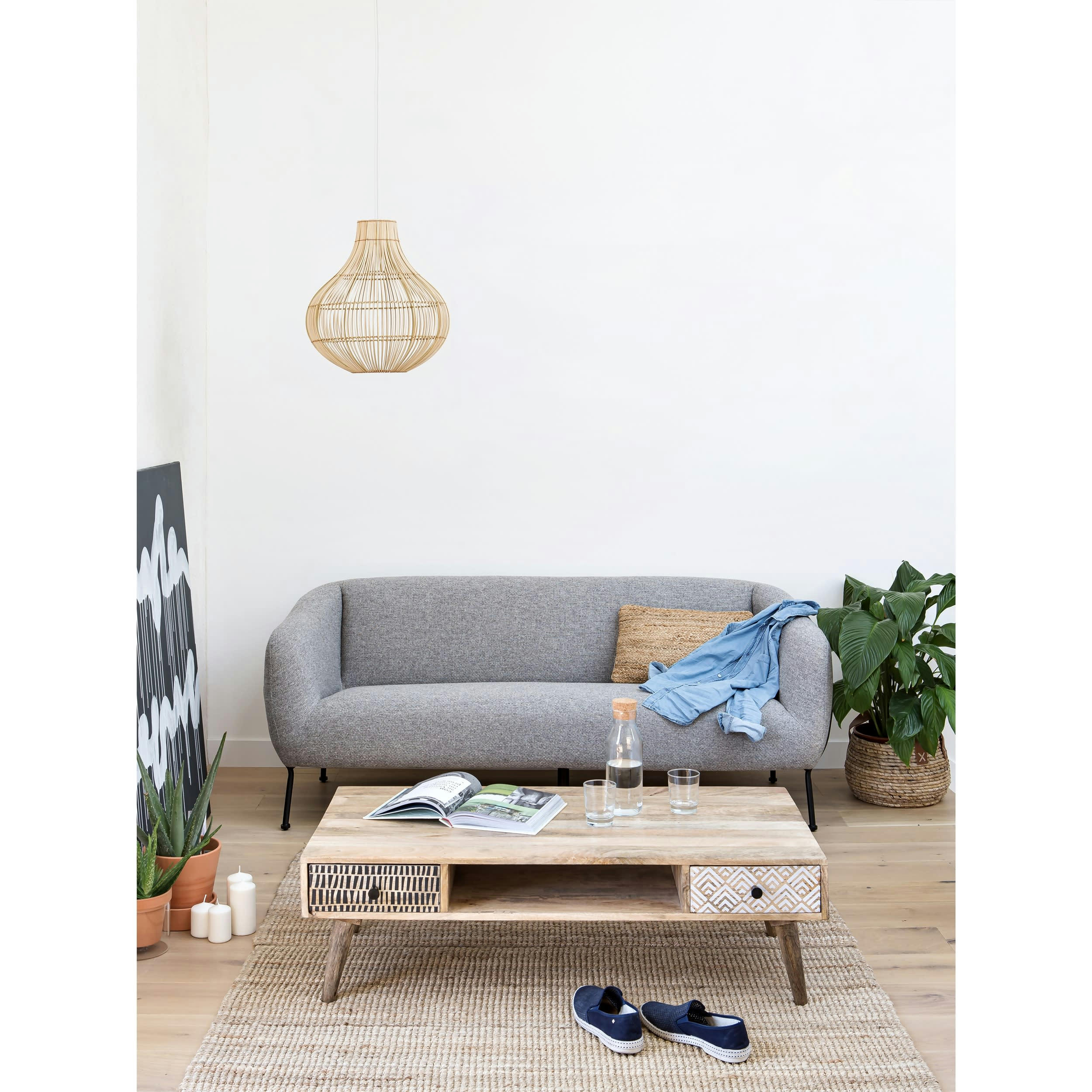 TALI - Table basse rectangulaire en bois, 2 tiroirs à motifs