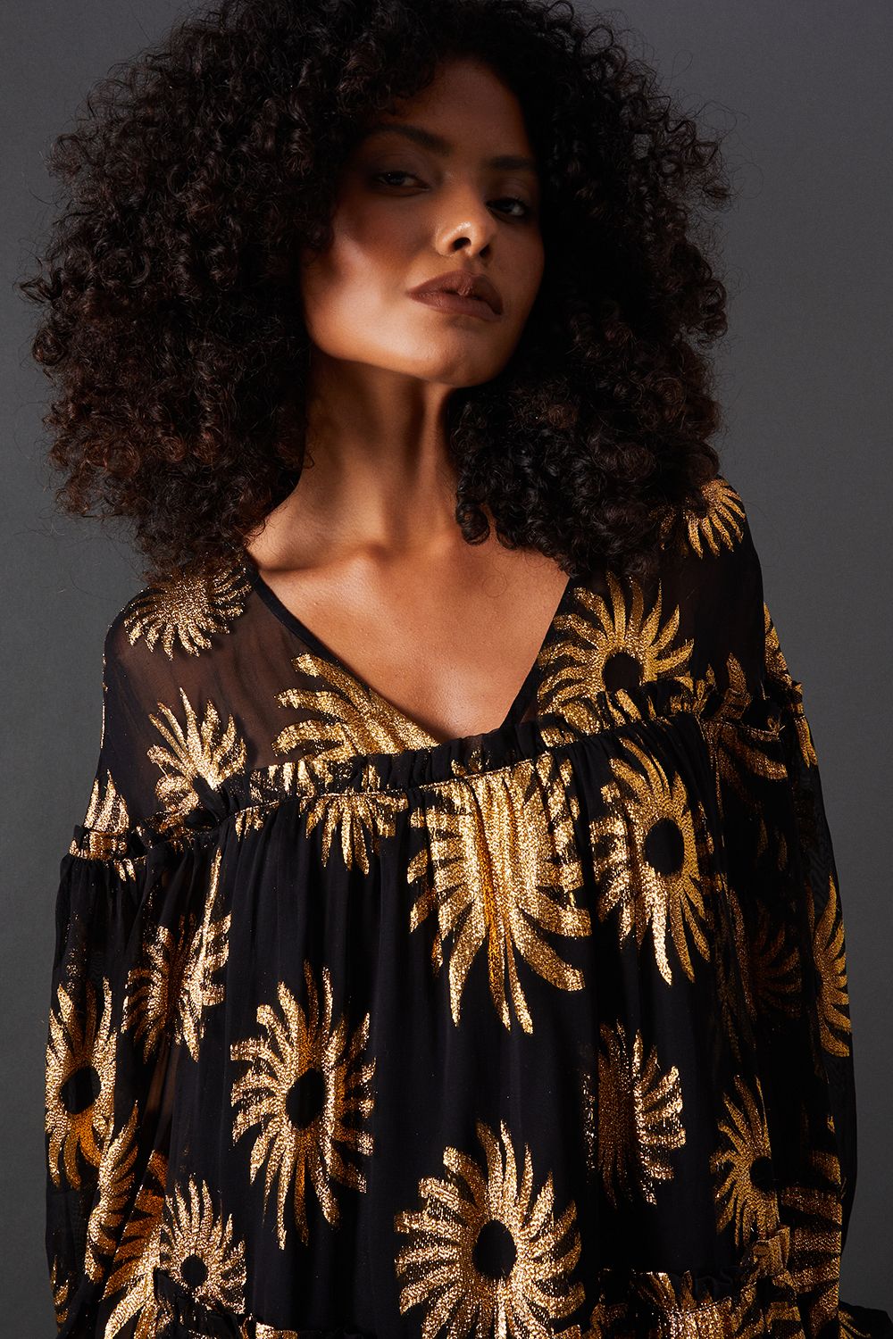 Warehouse Sun Metallic Jacquard Frill Detail Mini Smock Dress
