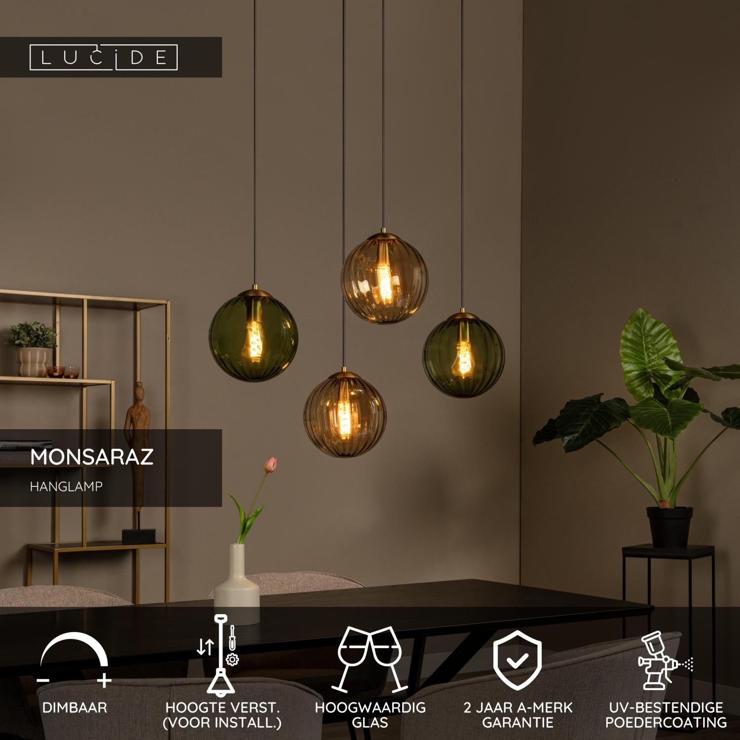 Monsaraz 4 cluster hanglamp ovaal groen amber