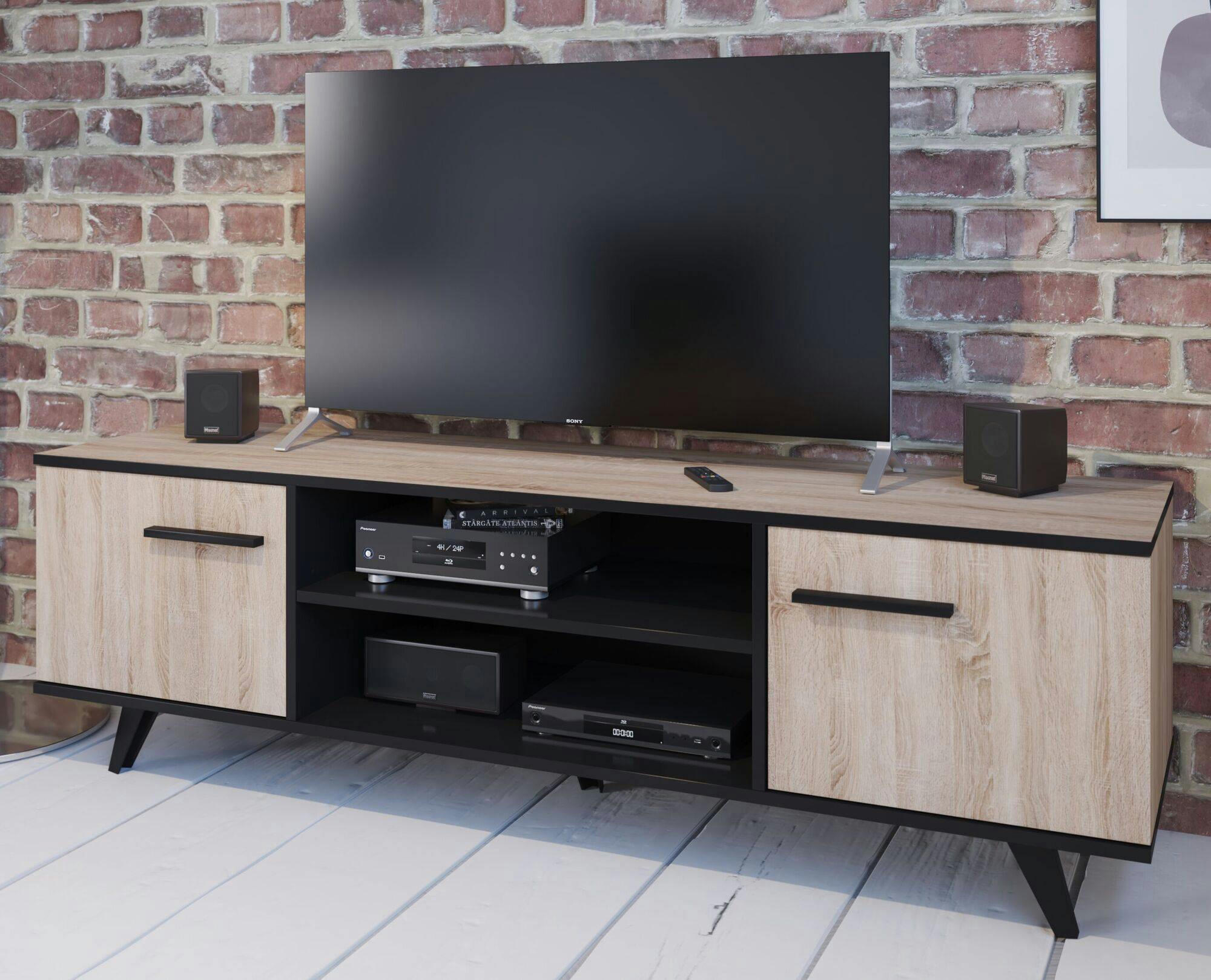 DEREK - Meuble TV effet bois clair et noir