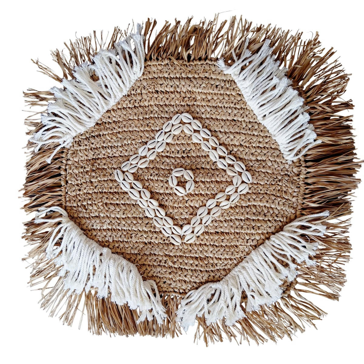 SHELLY - Housse de coussin en raphia et macramé, beige/blanc 40x40