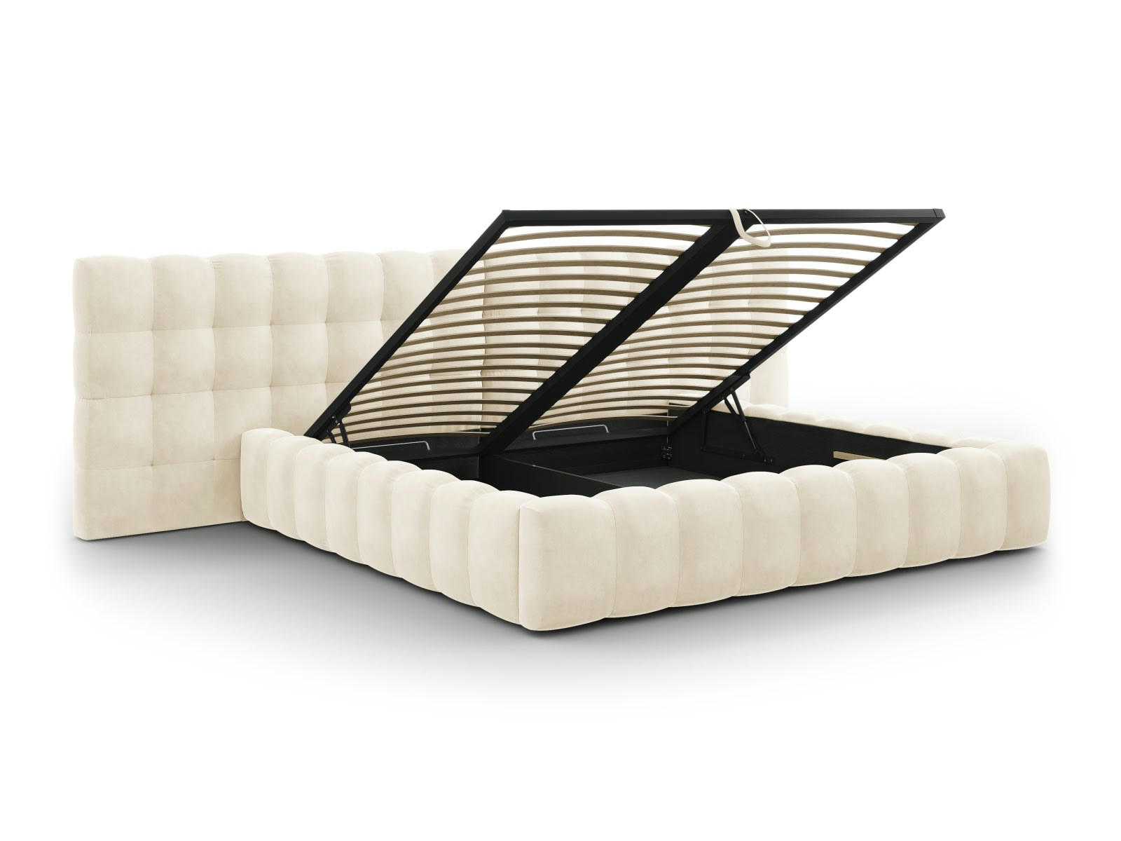 MAMAIA - Lit coffre en avec tête de lit double 200x200cm velours beige clair