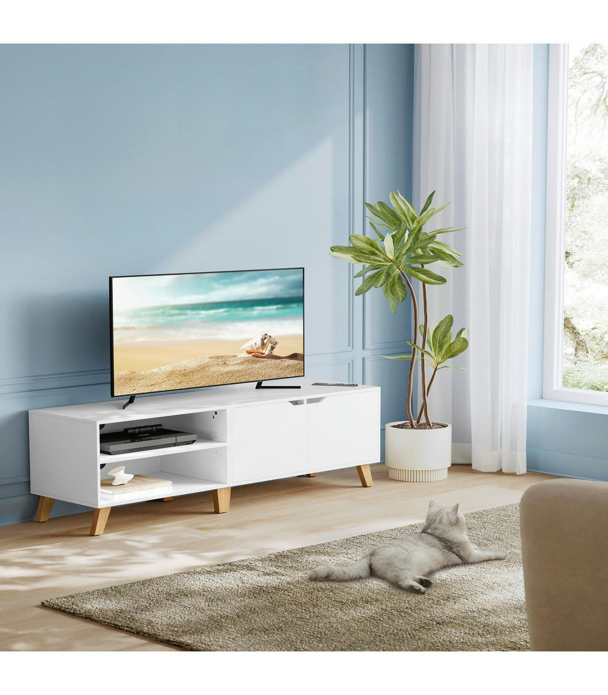 - Meuble TV 2 niches et 2 portes blanc - L140 cm