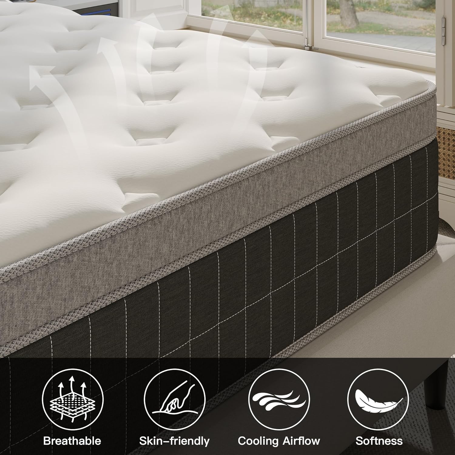 10″ Queen Hybrid Mattress – Soft & Supportive, Cooling Airflow Foam + Pocket Coils, Medium-Soft Comfort, Motion Isolation, CertiPUR-US, Fiberglass-Free