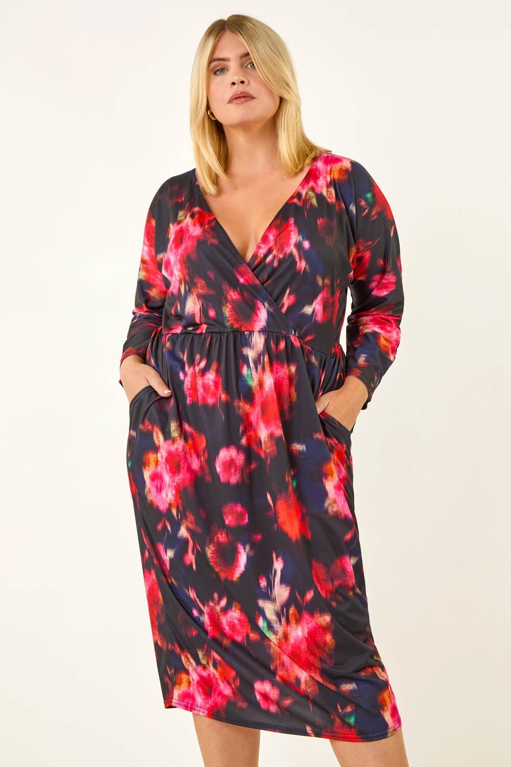 Roman Curve Floral Print Mesh Midi Dress