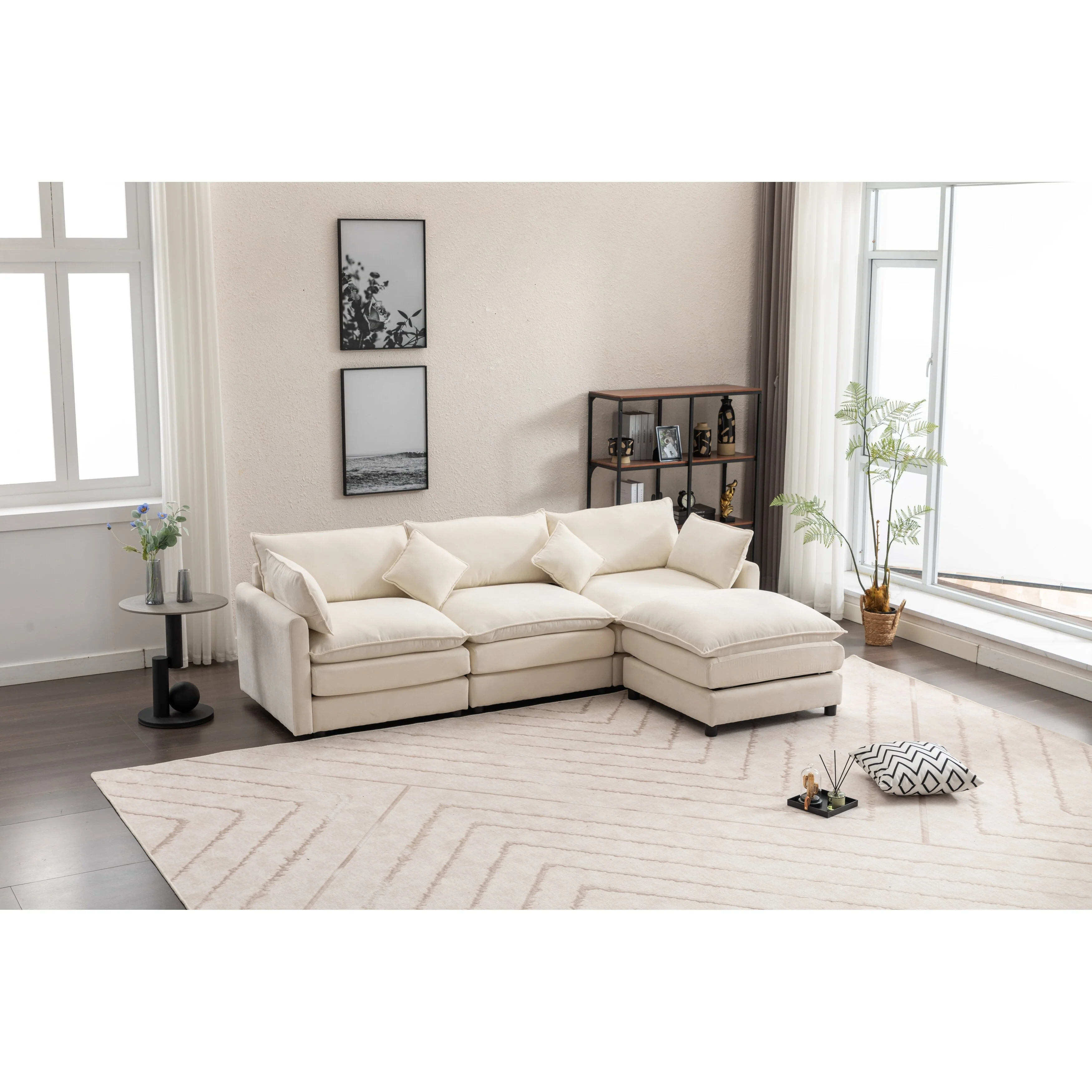 Beige 100.39'' Stylish L-Shaped 3-Seat Modular Sofa with Removable Ottoman, Comfortable and Versatile Design
