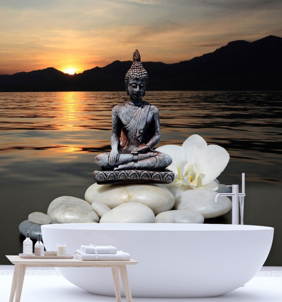 Feeby Fototapeta, Budda na kamieniach o zachodzie słońca 100x100
