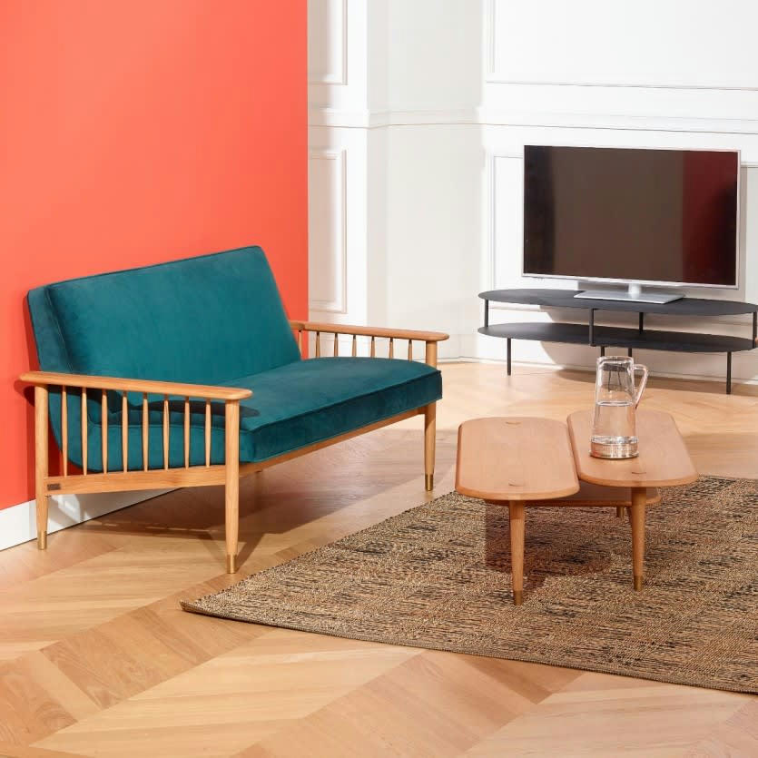 ALBERTINE - Banquette 2 places en chêne massif et velours bleu paon