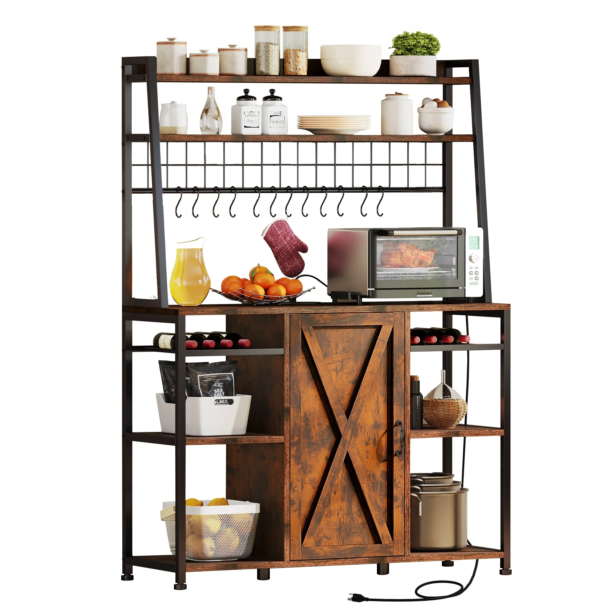 Moasis 5-Tier Kitchen Bakers Rack with Power Outlets USB Ports, Microwave Stand with Door and Shelves