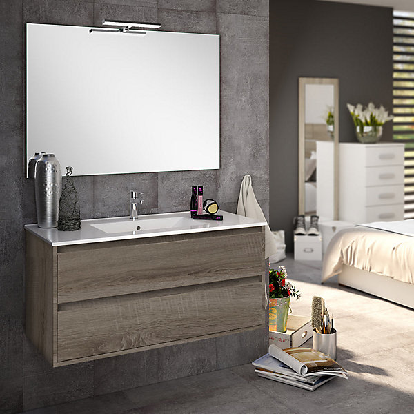 Ensemble meuble de salle de bain 80cm simple vasque   colonne de rangement IRIS - britannia (chêne foncé)