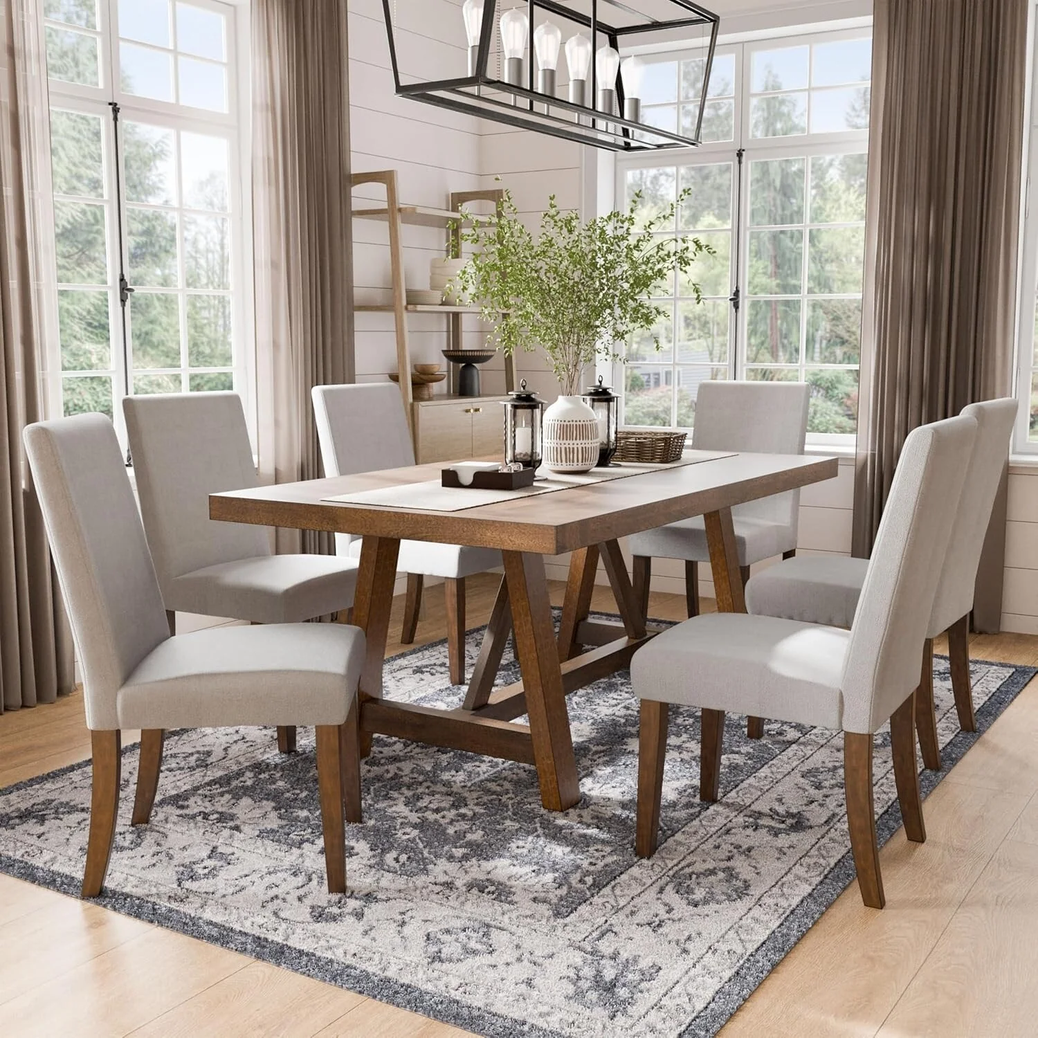 7 Piece Wooden Dining Set with Upholstered Seat in Brown and White