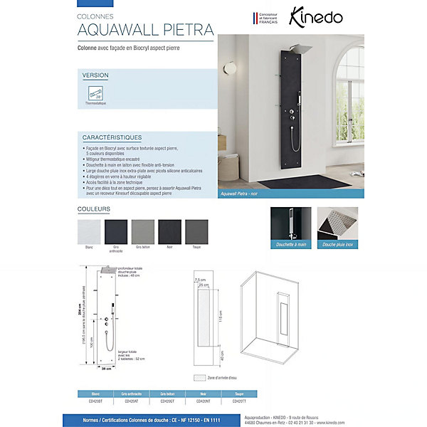 Colonne de douche KINEDO AQUAWALL PIETRA équipée thermostatique couleur gris anthracite colonne de douche