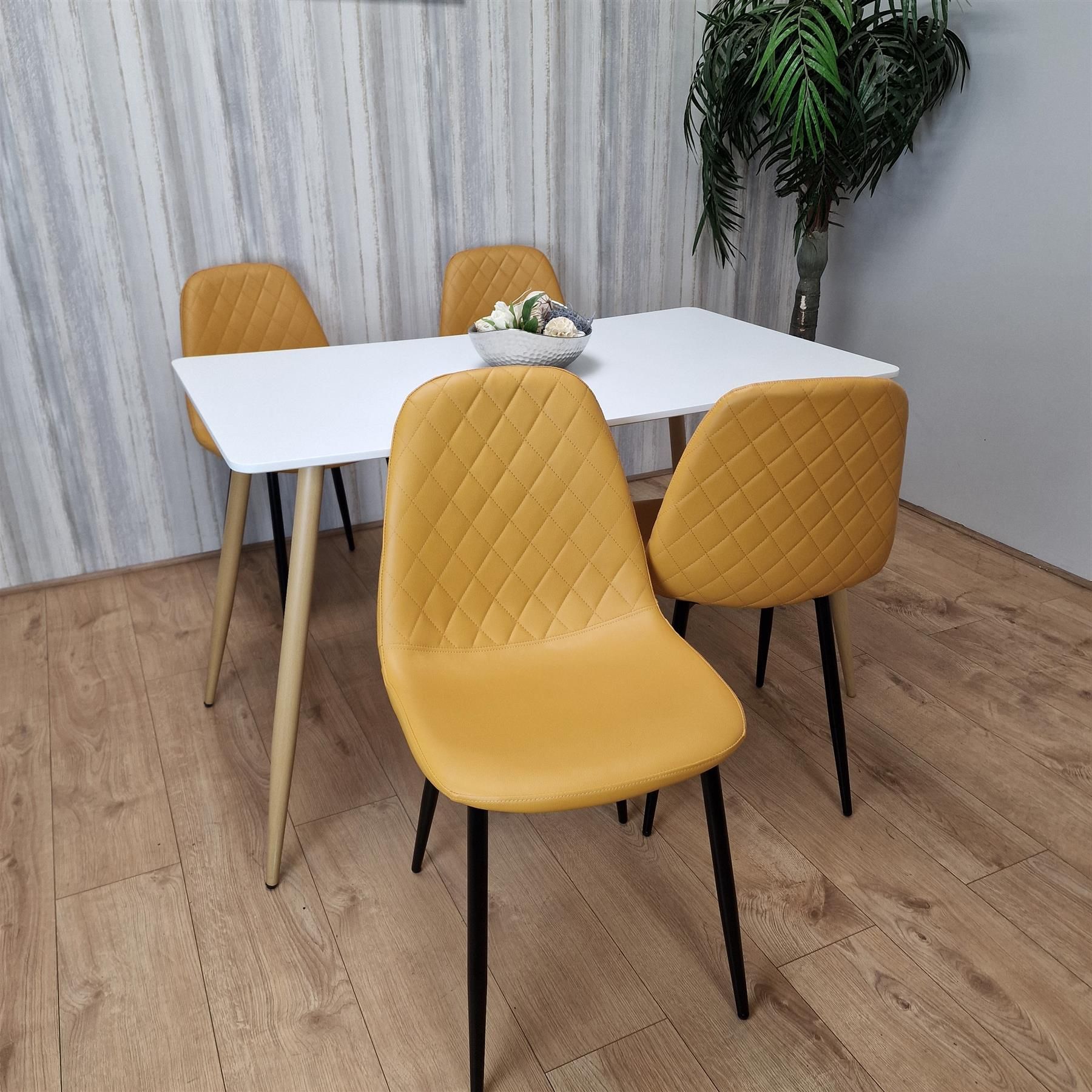 KOSY KOALA Modern Rectangle White Dining Table Set With 4 Mustard Chairs Dining Room Furniture