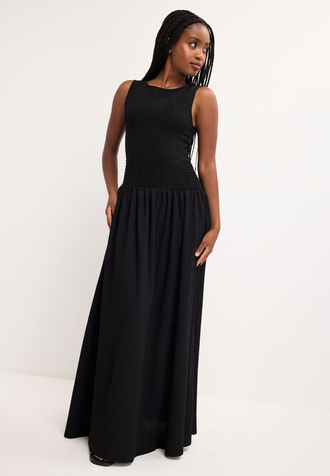 Womens Plain Black Shirred Drop Waist Midi Dress