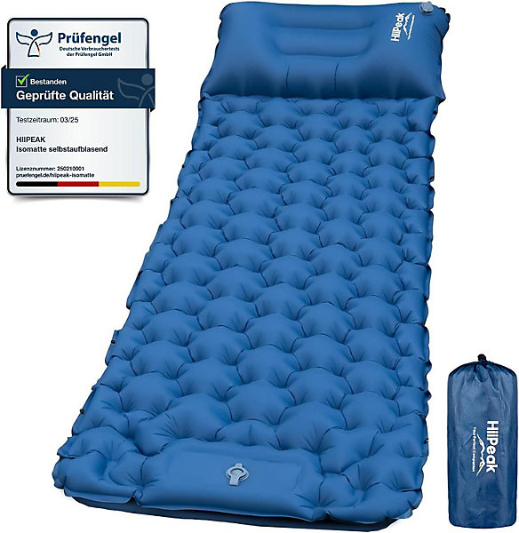Matelas Camping Portable 1 Place - Avec Oreiller Intégré &Pompe à Pied - Bleu - Ultraléger