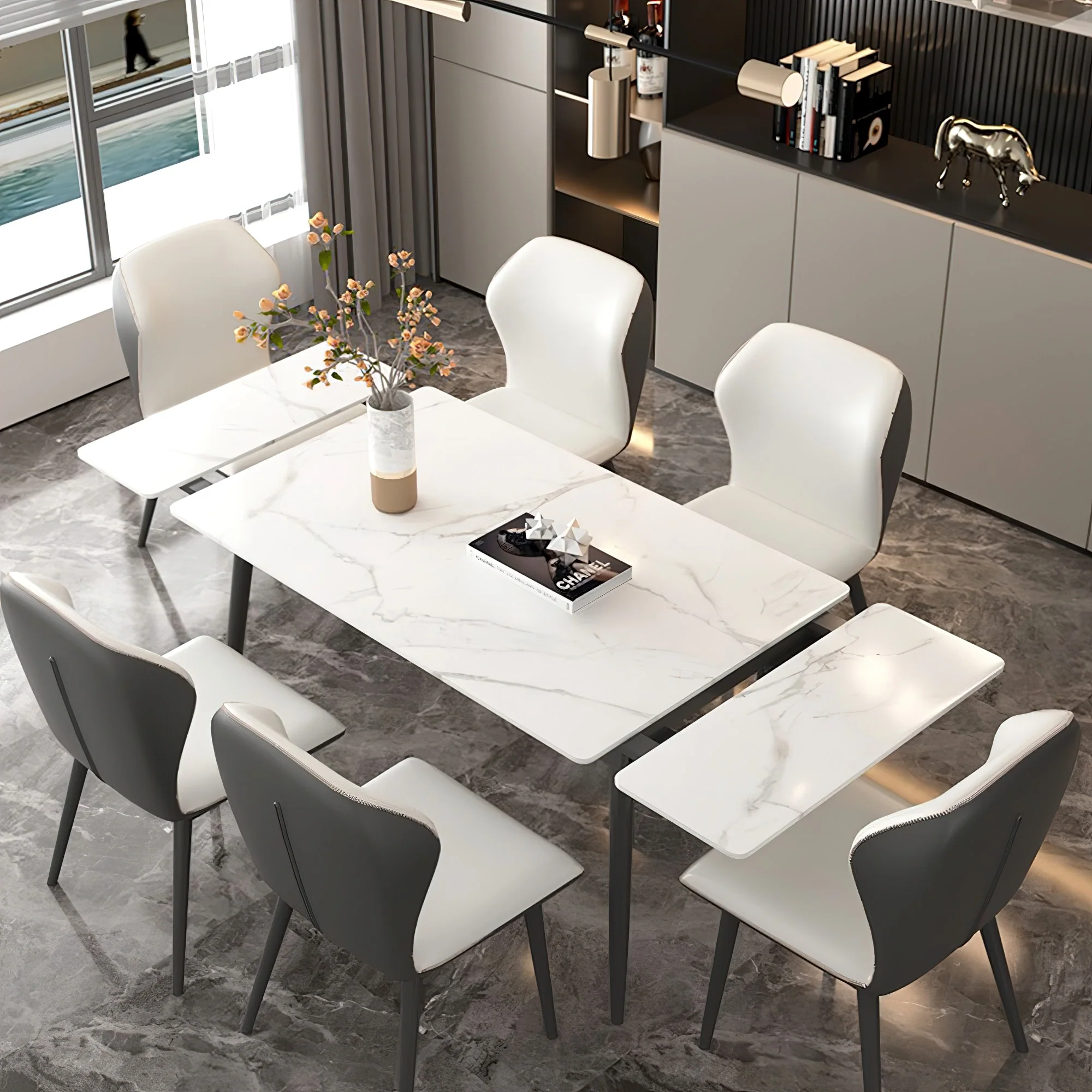 Expandable White Sintered Stone Dining Table with Hidden Extension - W 55.1''*L 31.5''