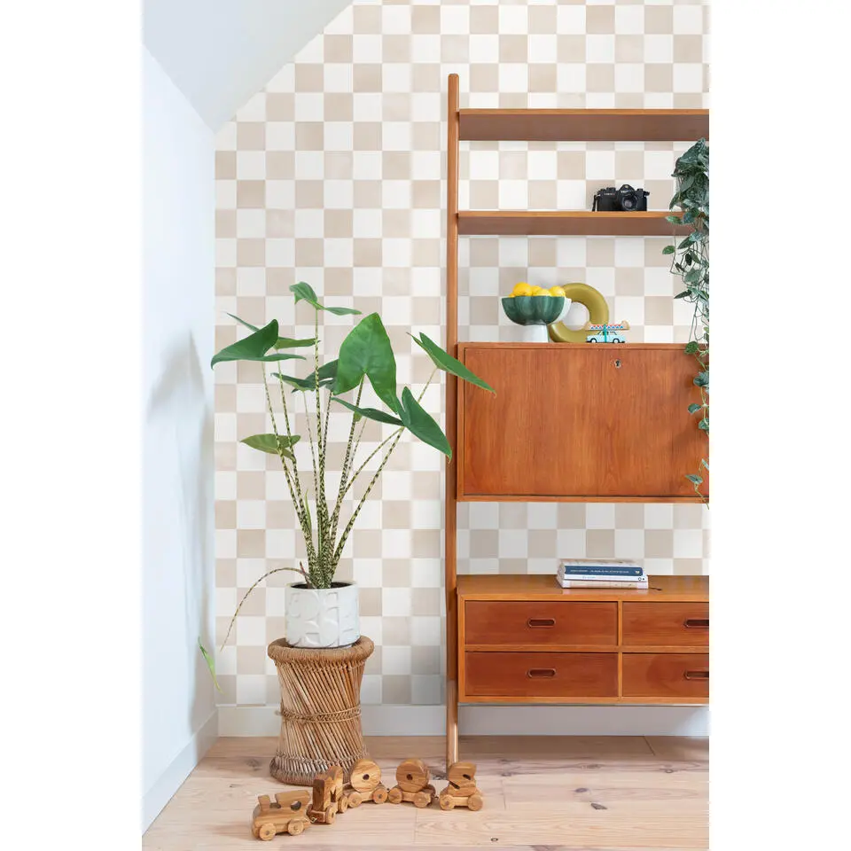 ESTAhome behang geblokt motief beige en wit - 53 cm x 10.05 m