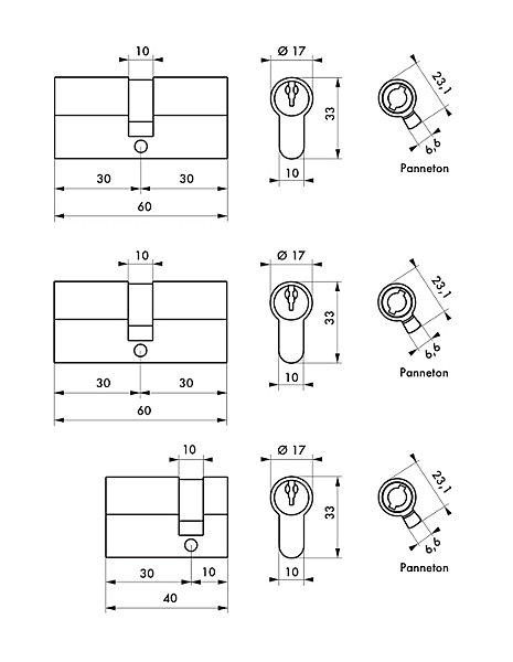 Lot de 2 cylindres double entrée STD 30x30mm et d'un cylindre 30x10mm, s'entrouvrant, laiton,3 clés/cylindre - THIRARD