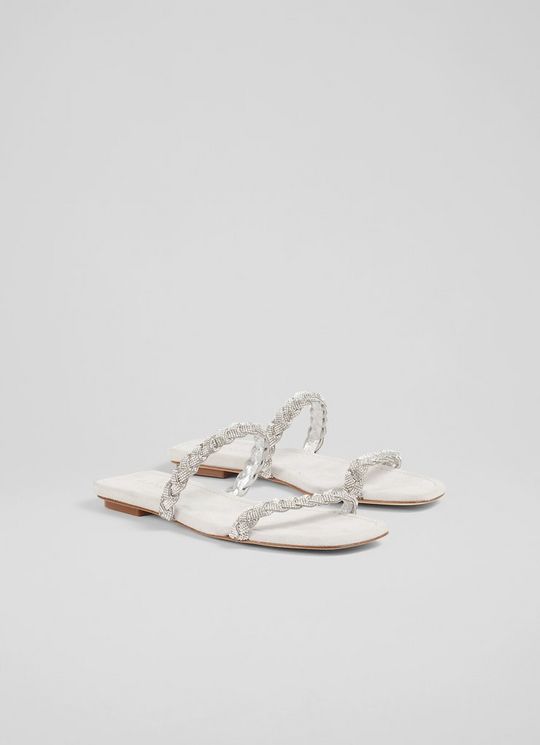 Ria Silver Suede and Crystal Plaited Flat Sandals