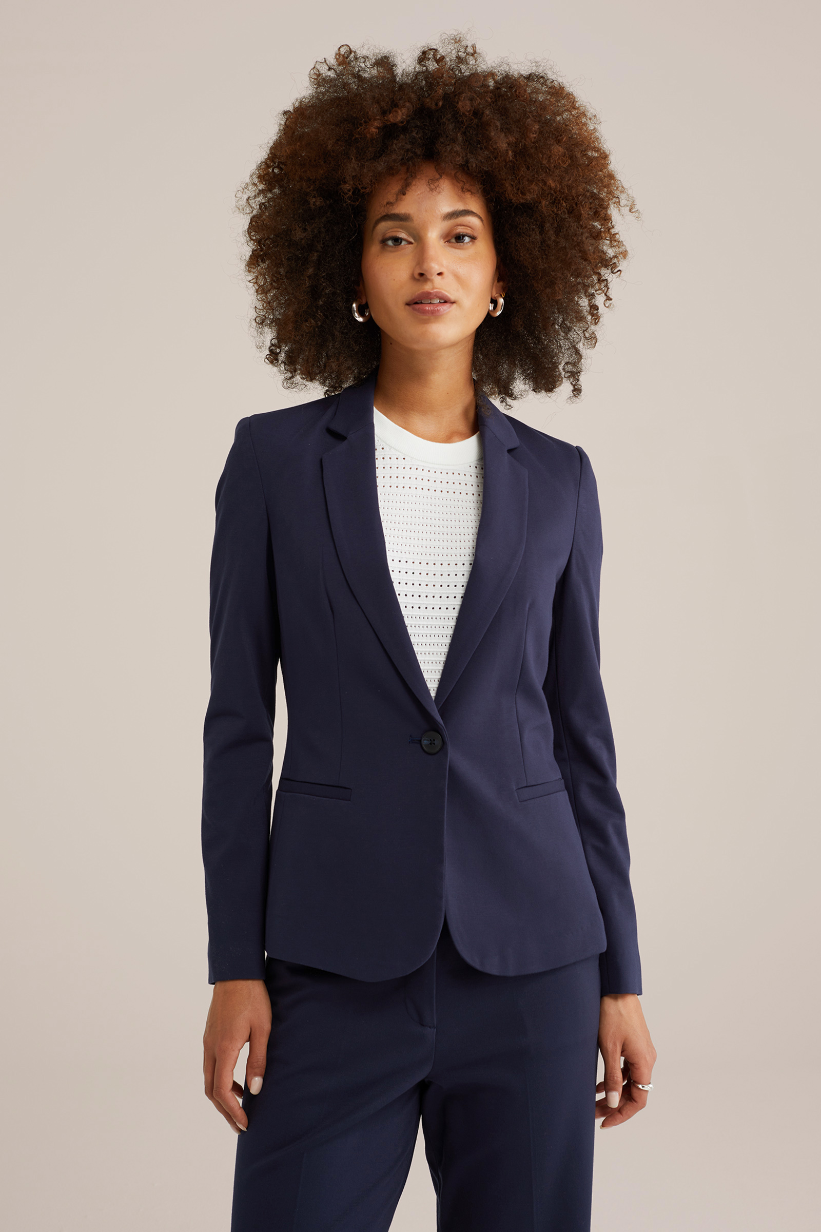 Dames Getailleerde jersey blazer en wide leg pantalon met strech